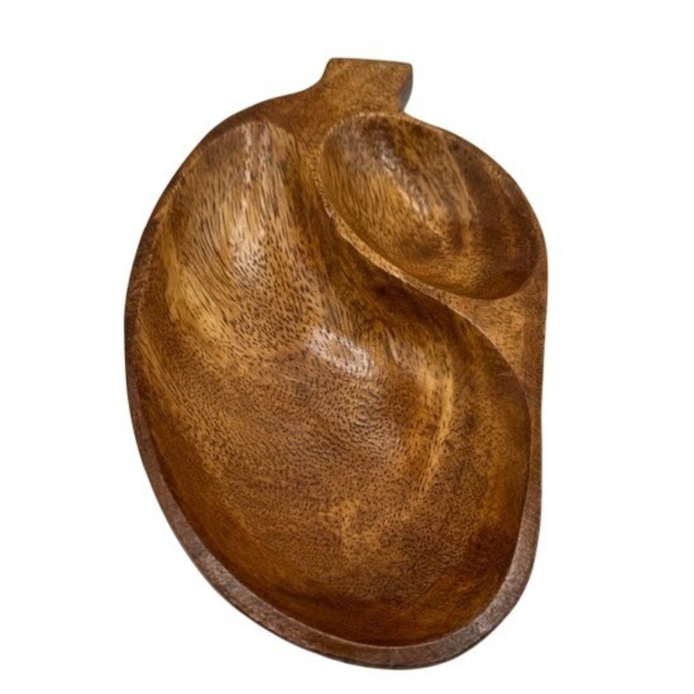 Vintage Monkey Pod Wood Mango Shaped 2 Section Serving Tray Snack Dish Brown - Picture 2 of 11